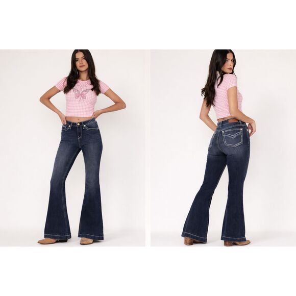 Shyanne Denim - Shyanne Bootcut Flare Jeans Dark Wash Western Stitched Pockets Short 31W x 32L